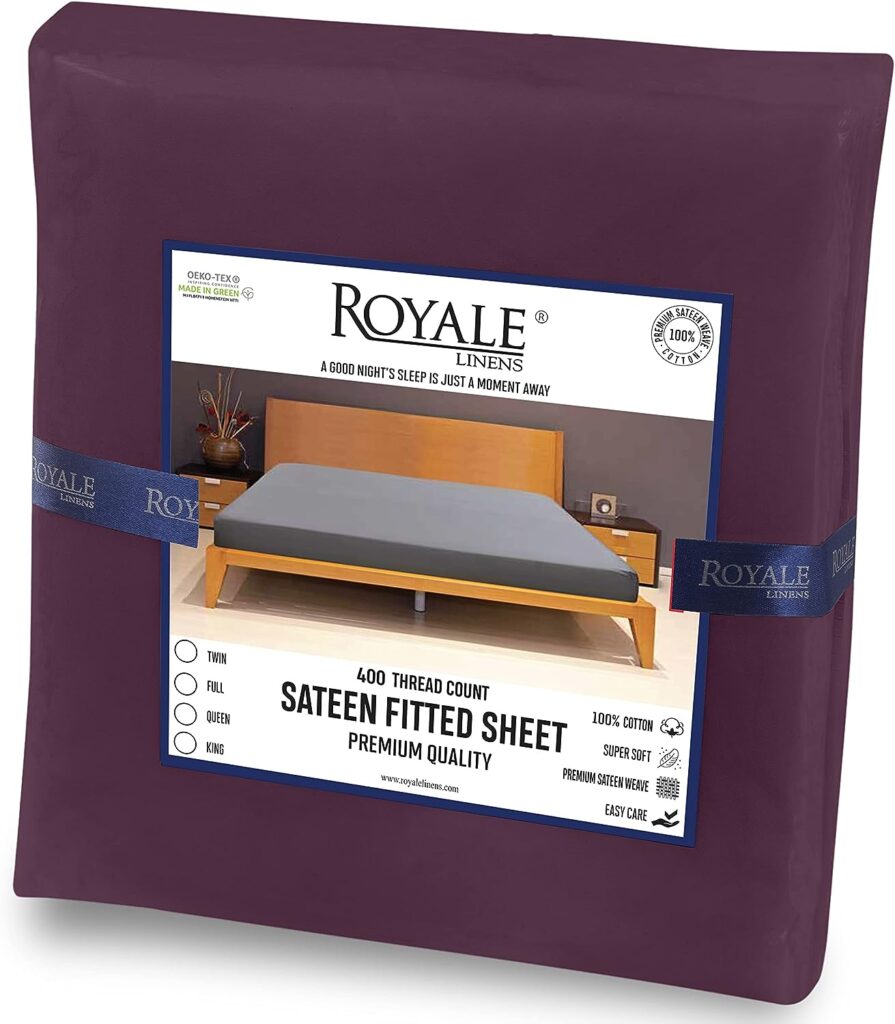 Royale Linens 400 Thread Count 100% Cotton Sateen Fitted Sheet -Soft Wrinkle  Fade Resistant - Bottom Sheet - Deep Pocket Stretches Up to 16 - Fitted Sheet Only - Elastic Sheet (Full, Desert Purple)