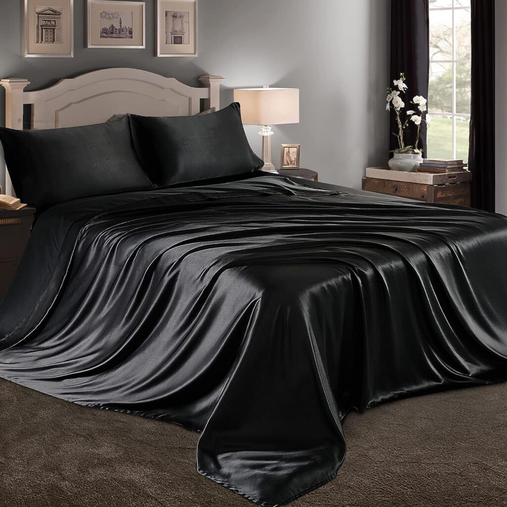 RUDONG M 3 Piece Black Satin Sheets Twin Size Satin Bed Sheets Set Silky Satin Sheet with 1 Deep Pocket Fitted Sheet+1 Flat Sheet+1 Pillowcase