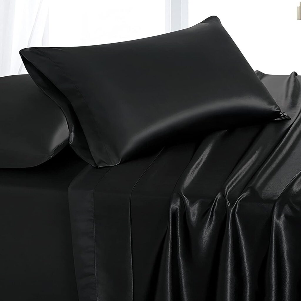 RUDONG M 3 Piece Black Satin Sheets Twin Size Satin Bed Sheets Set Silky Satin Sheet with 1 Deep Pocket Fitted Sheet+1 Flat Sheet+1 Pillowcase