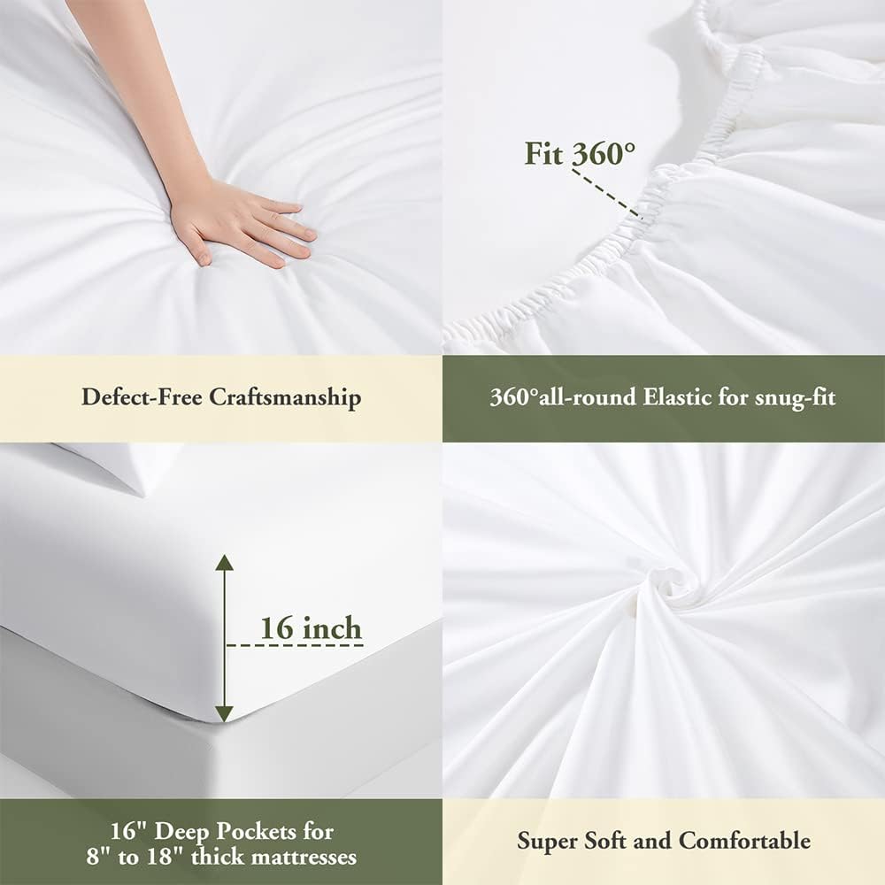 SAKIAO 1200 Thread Count Cotton Sheets, 100% Egyptian Cotton Sheet for Queen Size Bed, Sateen Weave Bed Sheets 16-Inch Deep Pocket - Breathable and Hypoallergenic - 4 Piece (White, Queen)