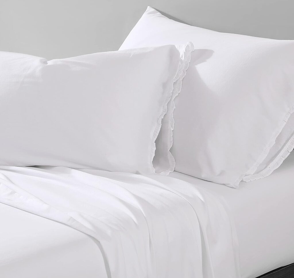 Shabby Chic® - Full Sheets, Soft  Breathable Organic Cotton Bedding Set, Vintage-Inspired Home Decor with Ruffled Pillowcases (Solid White, Full)