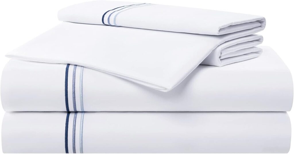 Aston  Arden Sateen Sheet Set - 100% Cotton 600 Thread Count Luxurious Hotel Silky Sheets, Pristine White with Fine Baratta Embroidered 3-Striped Hem, Wrinkle Resistant, Queen, Lapis Blue