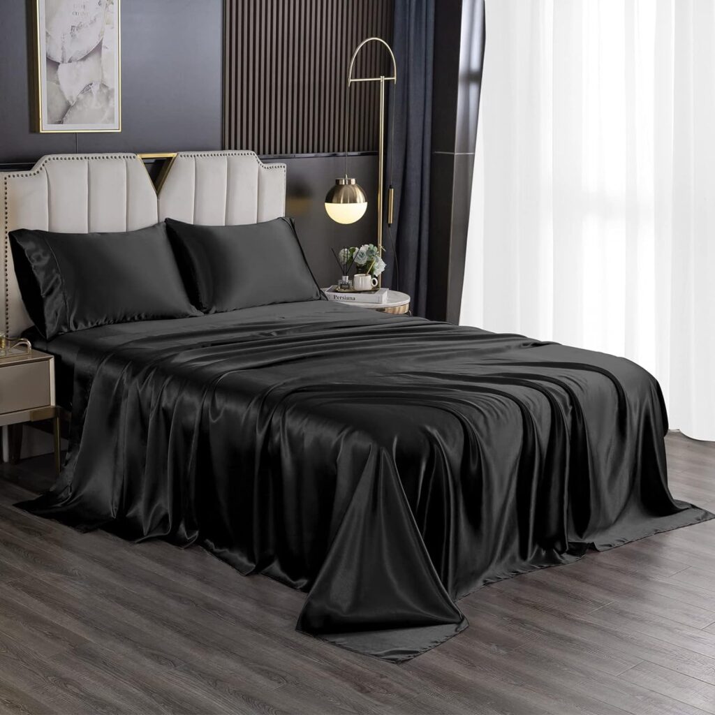 HENGWEI Silk Sheet Queen 4 Pcs Satin Bed Sheets, Cooling Sheets Set with Silky Microfiber, Wrinkle, Fade, Stain Resistant - Deep Pocket Satin Sheets, Queen, Black