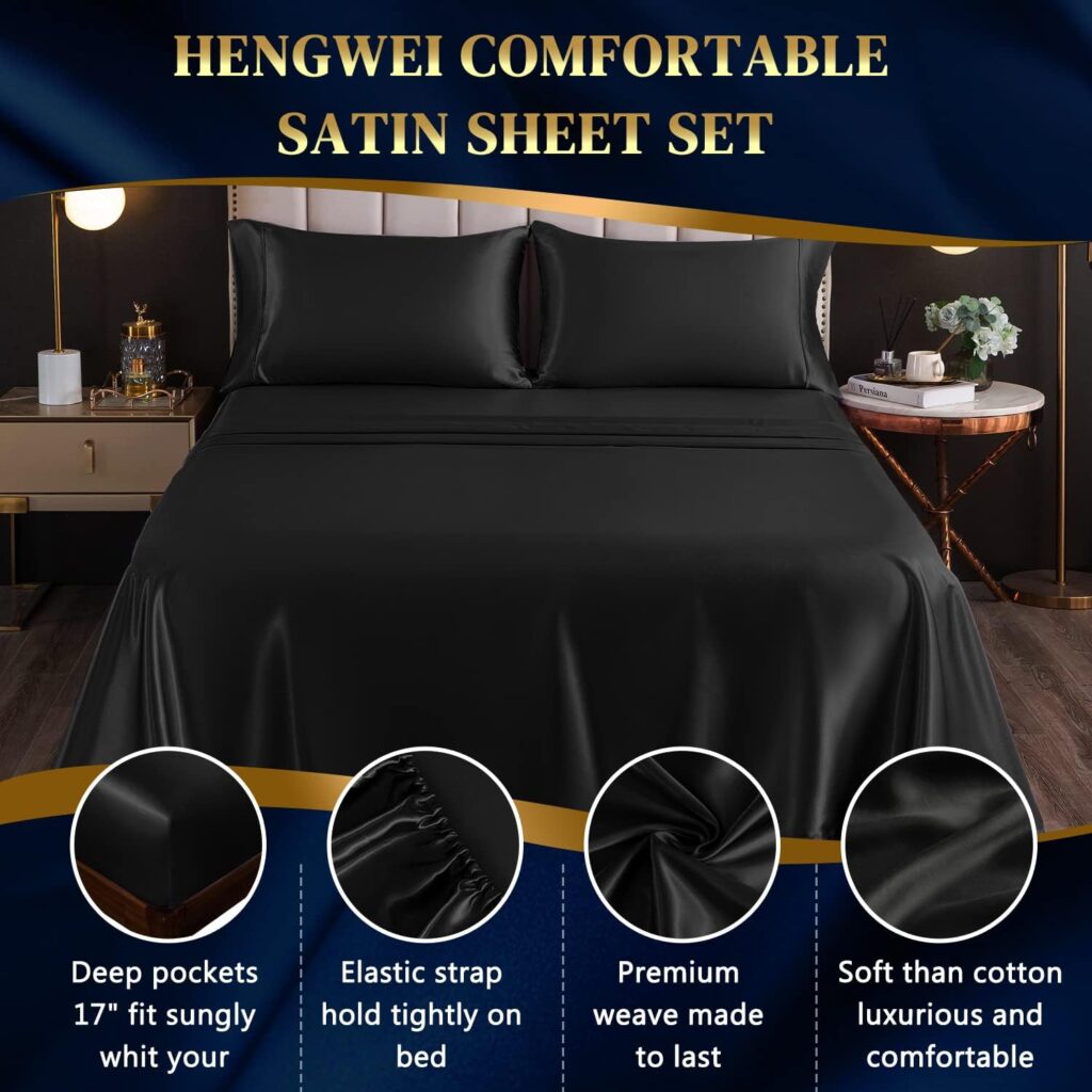 HENGWEI Silk Sheet Queen 4 Pcs Satin Bed Sheets, Cooling Sheets Set with Silky Microfiber, Wrinkle, Fade, Stain Resistant - Deep Pocket Satin Sheets, Queen, Black