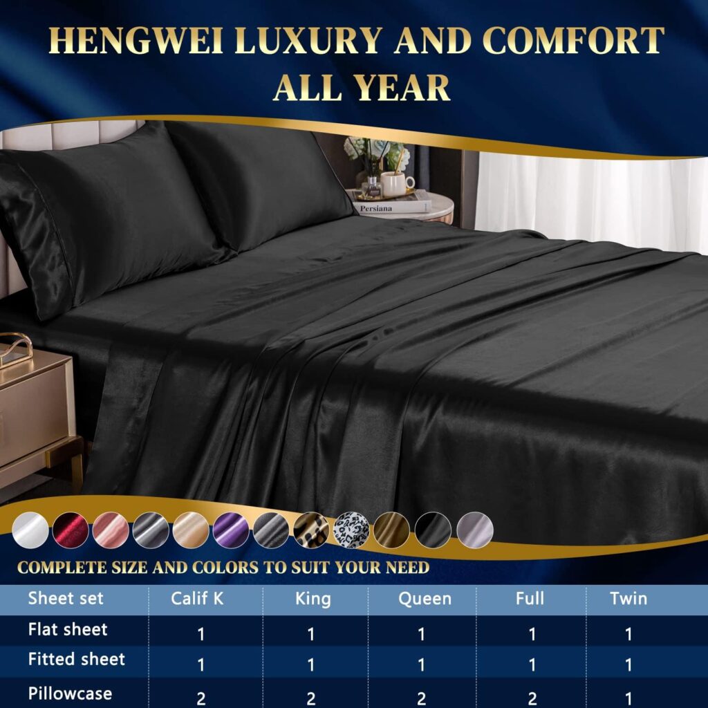 HENGWEI Silk Sheet Queen 4 Pcs Satin Bed Sheets, Cooling Sheets Set with Silky Microfiber, Wrinkle, Fade, Stain Resistant - Deep Pocket Satin Sheets, Queen, Black