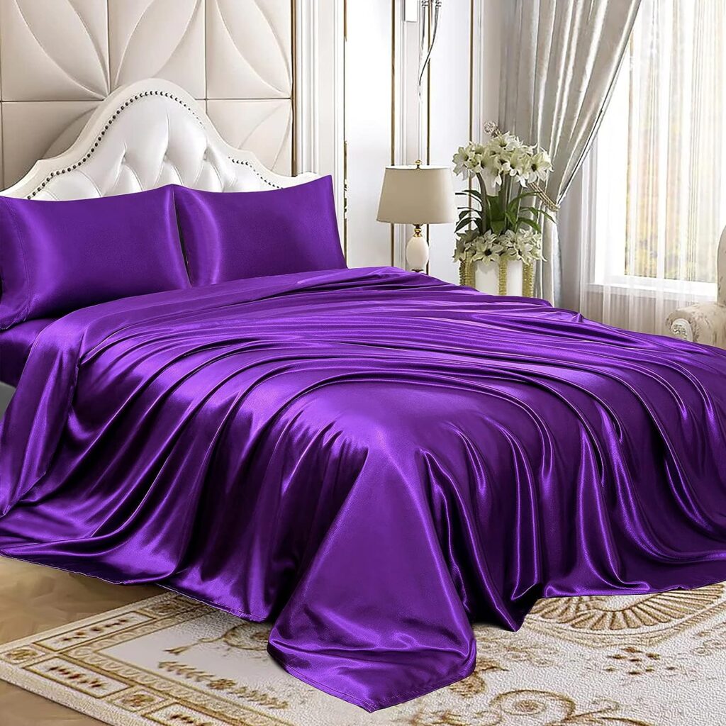 Homiest 4pcs Satin Sheets Set Luxury Silky Satin Bedding Set with Deep Pocket, 1 Fitted Sheet + 1 Flat Sheet + 2 Pillowcases (Queen Size, Purple)