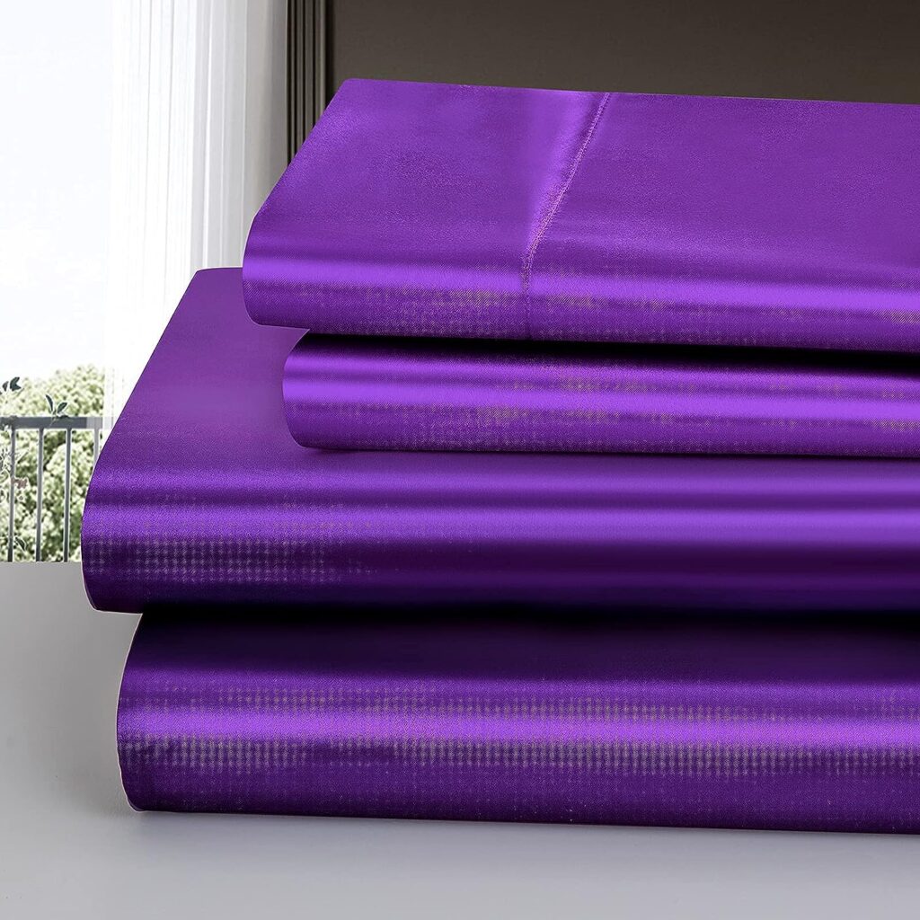 Homiest 4pcs Satin Sheets Set Luxury Silky Satin Bedding Set with Deep Pocket, 1 Fitted Sheet + 1 Flat Sheet + 2 Pillowcases (Queen Size, Purple)