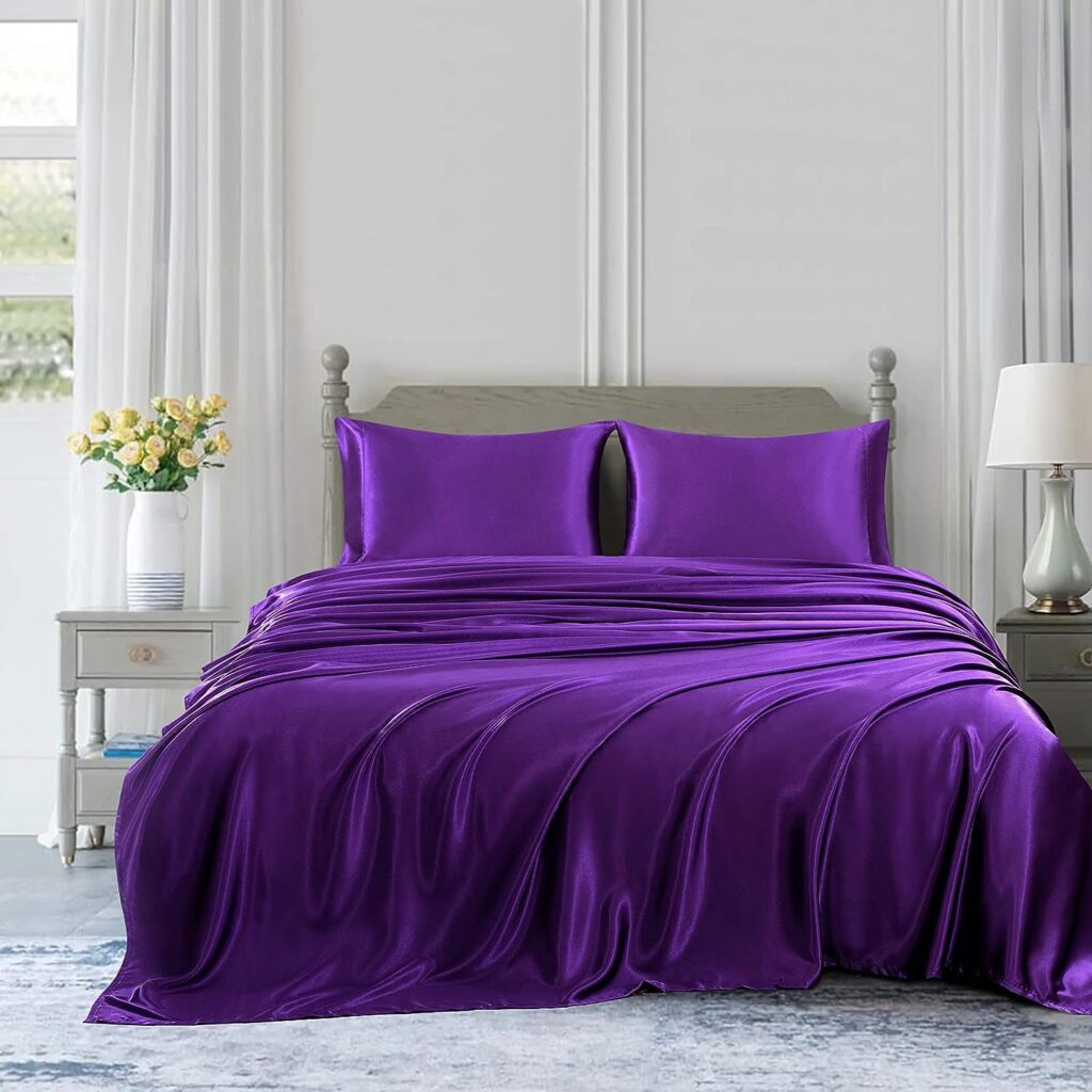 Homiest 4pcs Satin Sheets Set Luxury Silky Satin Bedding Set with Deep Pocket, 1 Fitted Sheet + 1 Flat Sheet + 2 Pillowcases (Queen Size, Purple)