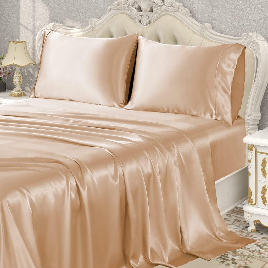 KACEMOO Satin Sheets Full Size, Silk Sheets Soft Luxury Satin Bed Sheets, Cooling Silky Satin Sheet Set - 4 PCS Deep Pocket Silk Sheet Set, Breathable, Wrinkle-Free, Stain Resistant - Champagne Gold