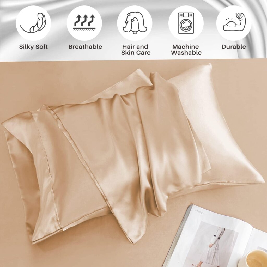 KACEMOO Satin Sheets Full Size, Silk Sheets Soft Luxury Satin Bed Sheets, Cooling Silky Satin Sheet Set - 4 PCS Deep Pocket Silk Sheet Set, Breathable, Wrinkle-Free, Stain Resistant - Champagne Gold