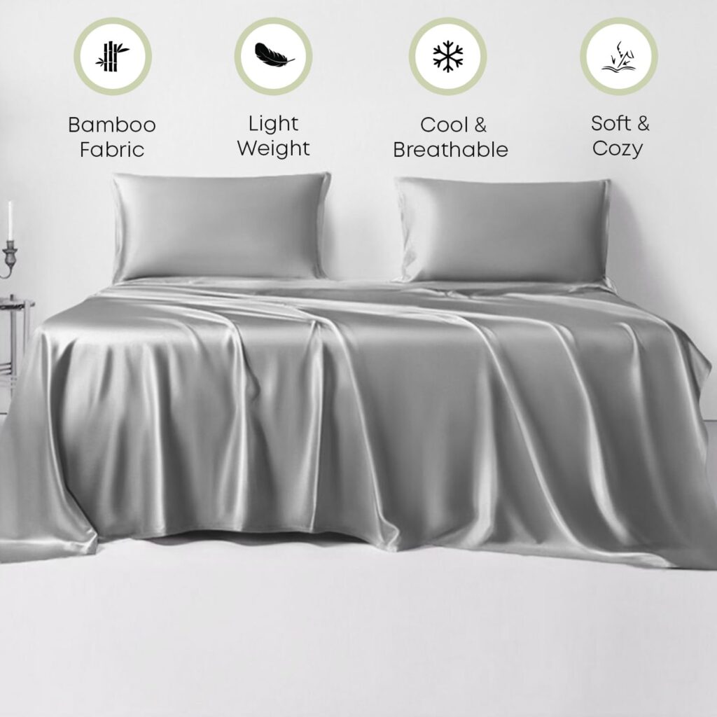 Linenwalas Twin XL Sheets College Dorm Room-Breathable  Cooling Bamboo Silk,Soft Premium 3Pc Bed Sheet Set,Deep Pockets,No Pilling Bedsheets(Silver, Twin Extra Long)