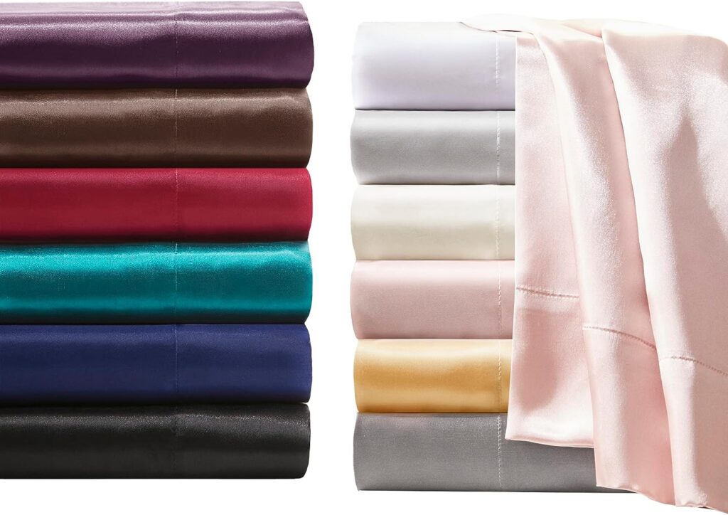 Madison Park Essentials Satin Sheets Queen Size, Luxurious Silky Satin Bed Sheets, Elastic 14 Pocket fits up to 16 Mattress, Wrinkle-Free, Soft Satin Bed Sheet Set, Blush 6 Piece