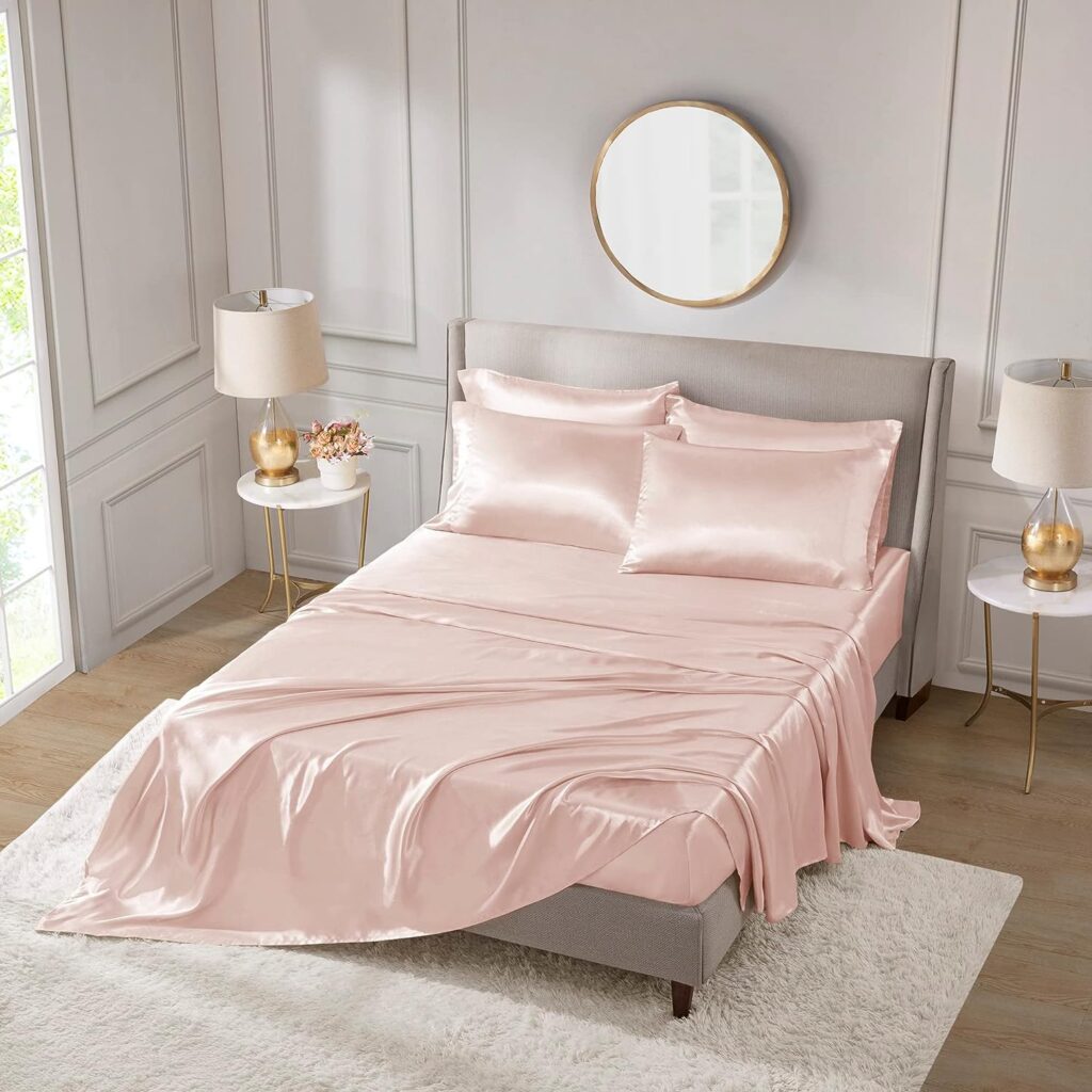 Madison Park Essentials Satin Sheets Queen Size, Luxurious Silky Satin Bed Sheets, Elastic 14 Pocket fits up to 16 Mattress, Wrinkle-Free, Soft Satin Bed Sheet Set, Blush 6 Piece