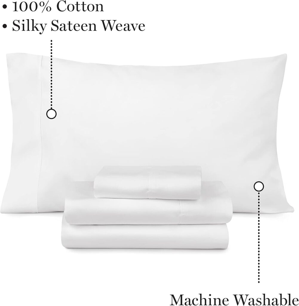 MARTHA STEWART 100% Cotton Queen Sheets Set - 4 Piece, Soft, Smooth, Durable, Easy Care, 16 Deep Pocket Sheets, Bedding Sheets, Sateen Sheet, 1 Flat, 1 Fitted, 2 Pillowcases, College Essential, White