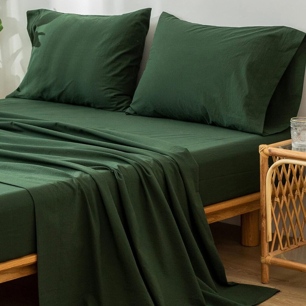 MooMee Bedding Sheet Set 100% Washed Cotton Linen Like Textured Breathable Durable Soft Comfy (Forest Green, King)