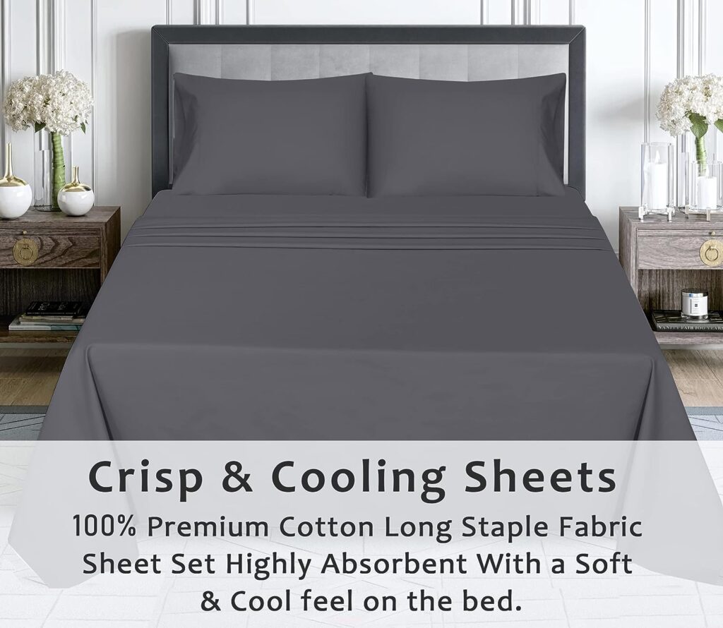 RUVANTI 100% Cotton Percale Sheets for Queen Size Bed - 16 Inches Deep Pocket Perfect Fitting - Crisp  Cool - Smooth  Comfortable - Durable Gray/Grey Sheet Sets (1 Flat, 1 Fitted  2 Pillowcases)