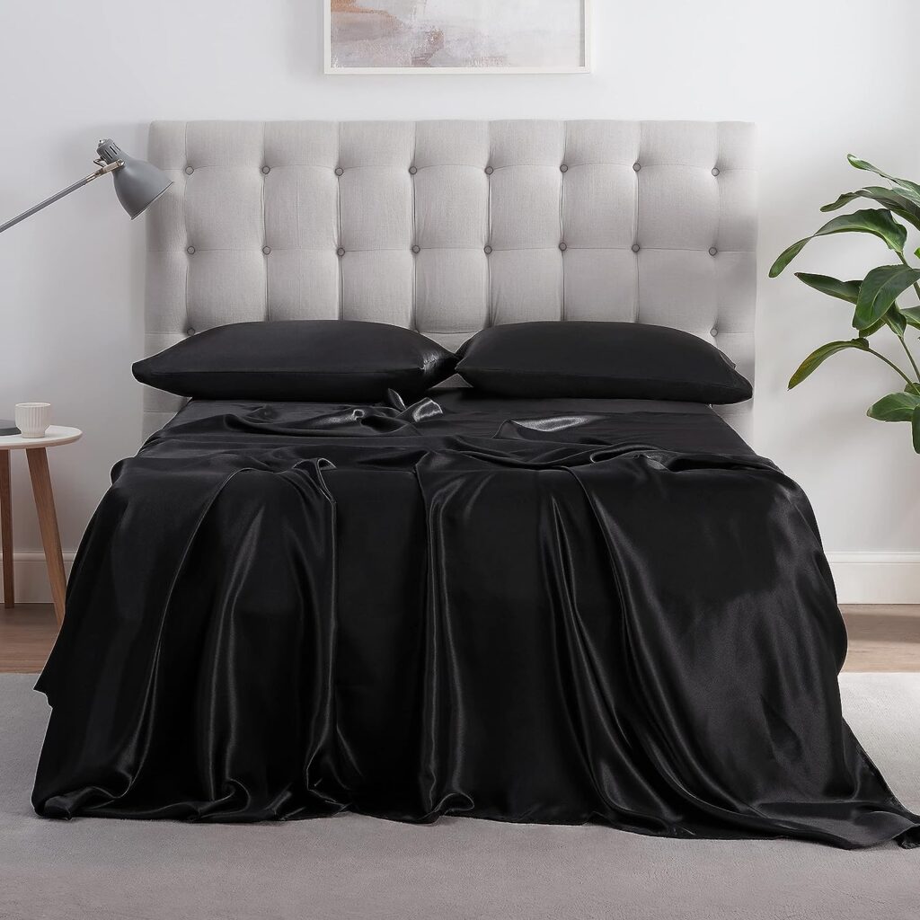 Serta SatinLuxury 3pc Soft Lightweight Deep Pocket Bedding Silky Satin Sheet Set with Pillowcases, Twin XL, Black