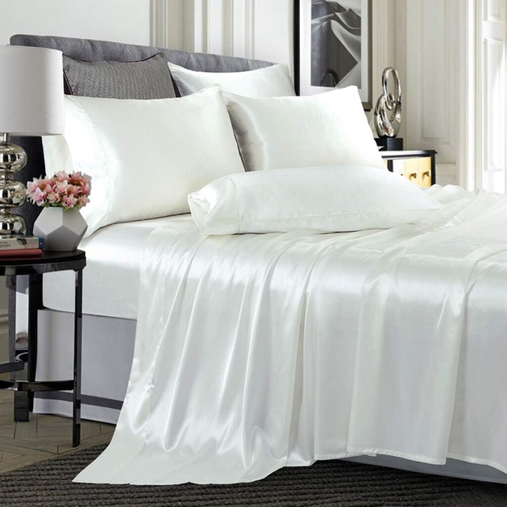 TREELY 6 Piece Satin Sheets King Size Silky Smooth Ivory White Satin Sheet Set with Deep Pocket, Satin Fitted Sheet, Flat Sheet, 4 Satin Pillowcase