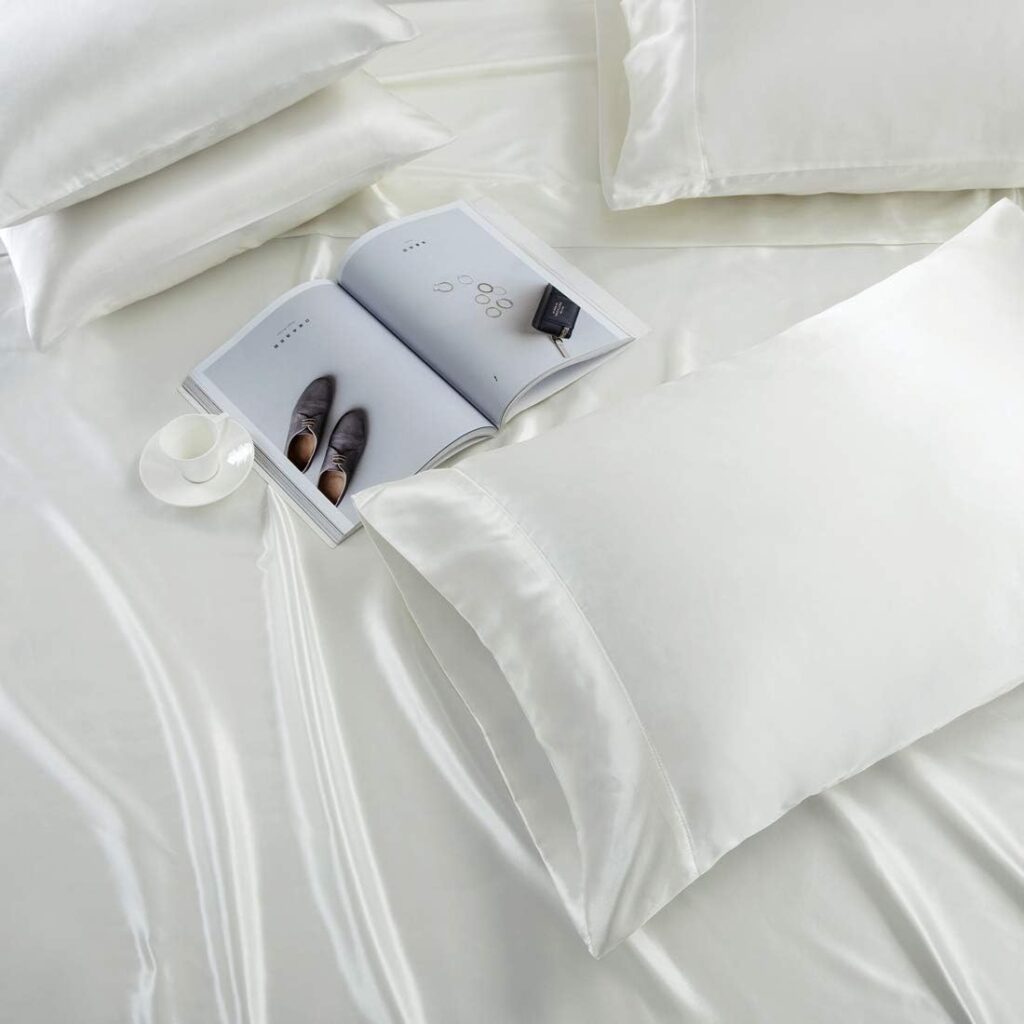 TREELY 6 Piece Satin Sheets King Size Silky Smooth Ivory White Satin Sheet Set with Deep Pocket, Satin Fitted Sheet, Flat Sheet, 4 Satin Pillowcase