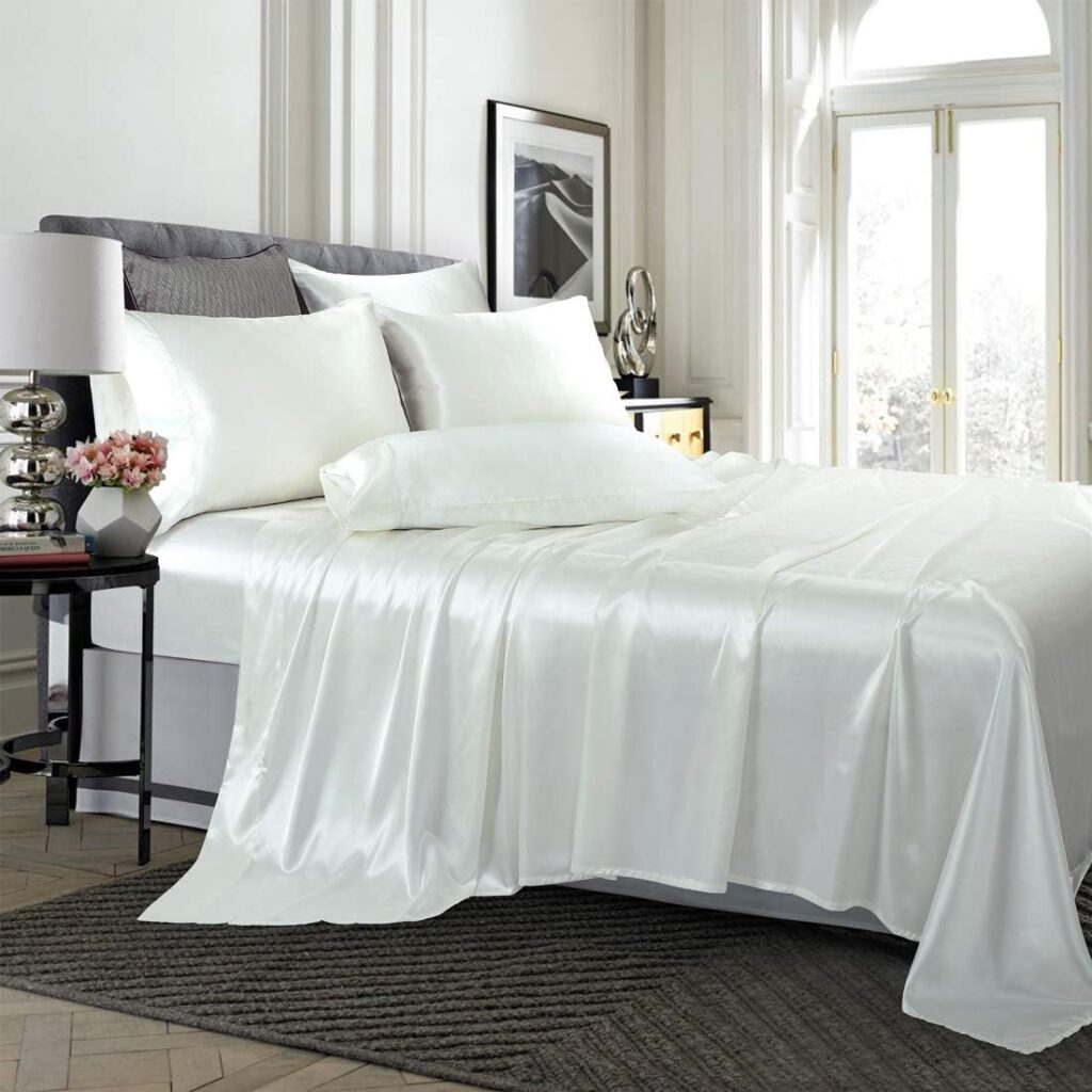 TREELY 6 Piece Satin Sheets King Size Silky Smooth Ivory White Satin Sheet Set with Deep Pocket, Satin Fitted Sheet, Flat Sheet, 4 Satin Pillowcase