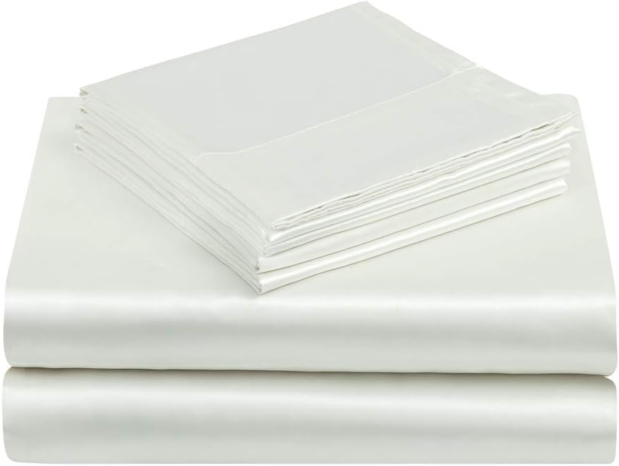 TREELY 6 Piece Satin Sheets King Size Silky Smooth Ivory White Satin Sheet Set with Deep Pocket, Satin Fitted Sheet, Flat Sheet, 4 Satin Pillowcase