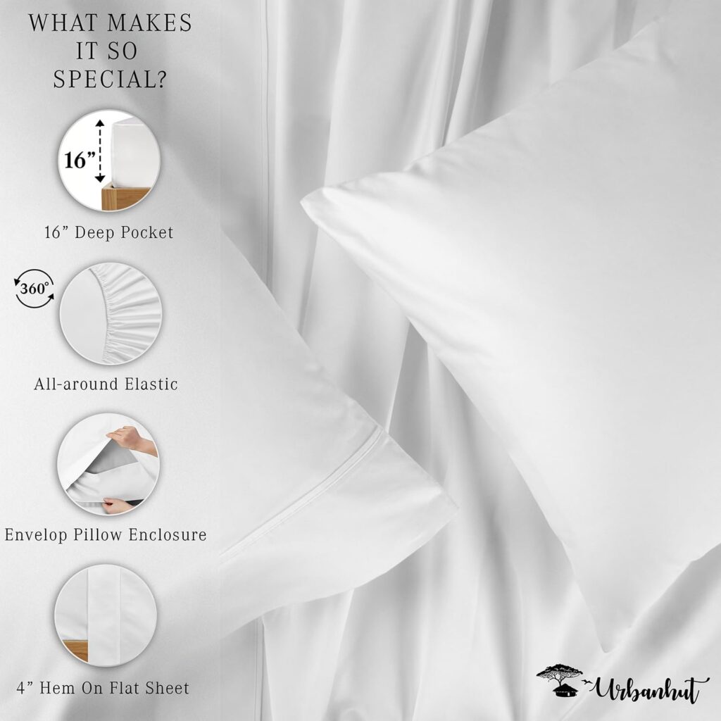 URBANHUT 100% Cotton Queen Sheets Set (4Pc), 700 Thread Count, Soft Luxury Bed Sheets for Queen Size Bed, Sateen Weave Hotel Sheets, 16 Elasticized Deep Pocket - White