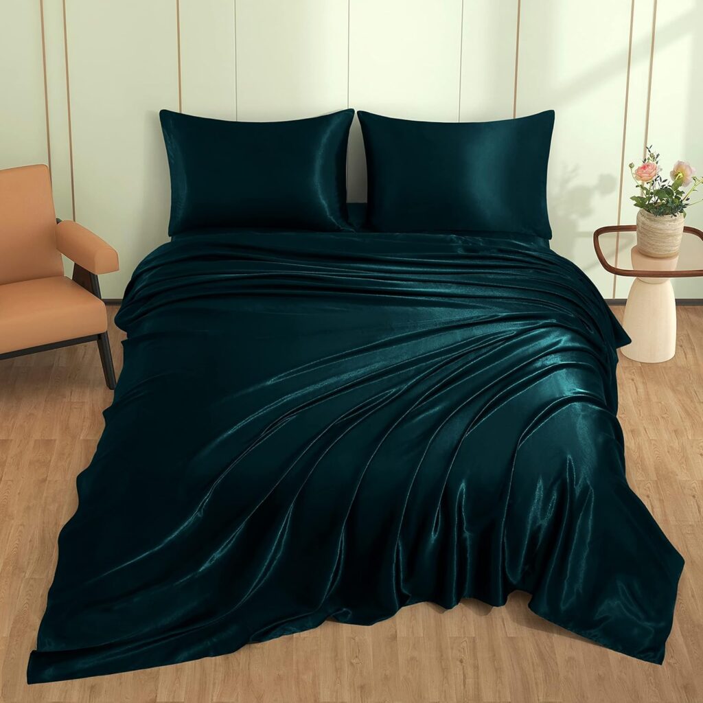 VACVELT 4pcs Dark Teal Satin Sheets Full Size Bed Set, 15 Inch Deep Pocket Silky Satin Sheet Set, Soft Satin Bedding Set Cooling  Luxury Bed Sheets, 1 Fitted Sheet + 1 Flat Sheet + 2 Pillowcases