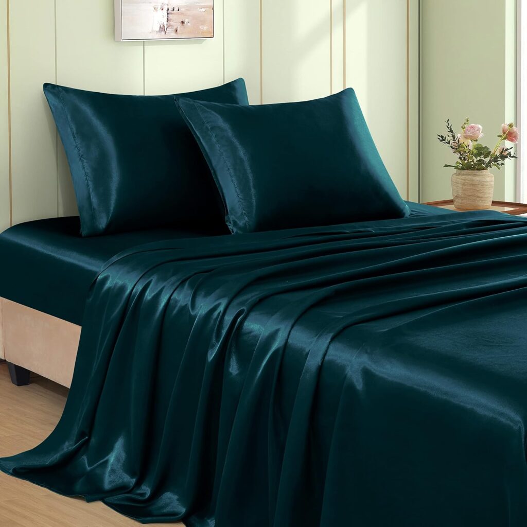 VACVELT 4pcs Dark Teal Satin Sheets Full Size Bed Set, 15 Inch Deep Pocket Silky Satin Sheet Set, Soft Satin Bedding Set Cooling  Luxury Bed Sheets, 1 Fitted Sheet + 1 Flat Sheet + 2 Pillowcases