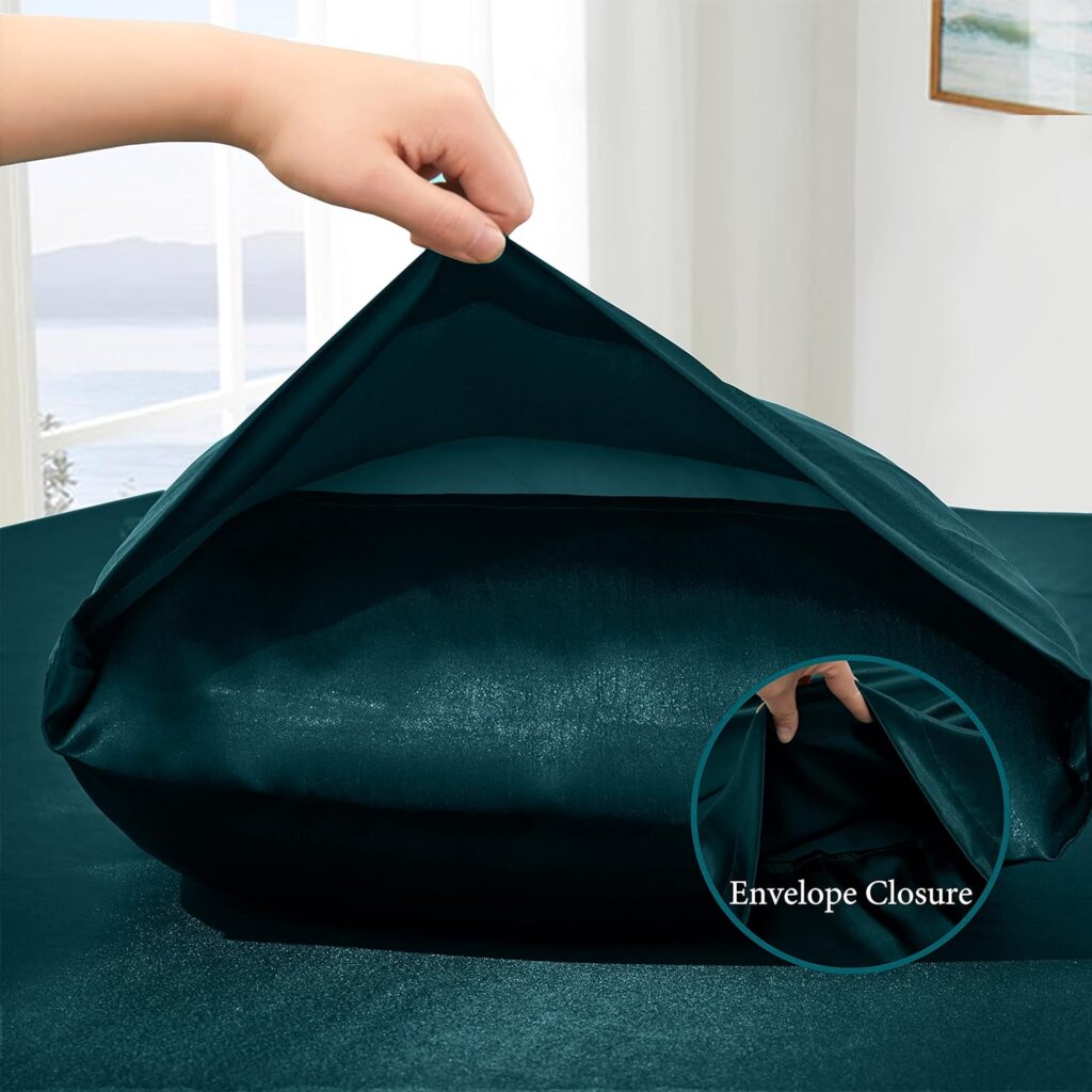 VACVELT 4pcs Dark Teal Satin Sheets Full Size Bed Set, 15 Inch Deep Pocket Silky Satin Sheet Set, Soft Satin Bedding Set Cooling  Luxury Bed Sheets, 1 Fitted Sheet + 1 Flat Sheet + 2 Pillowcases