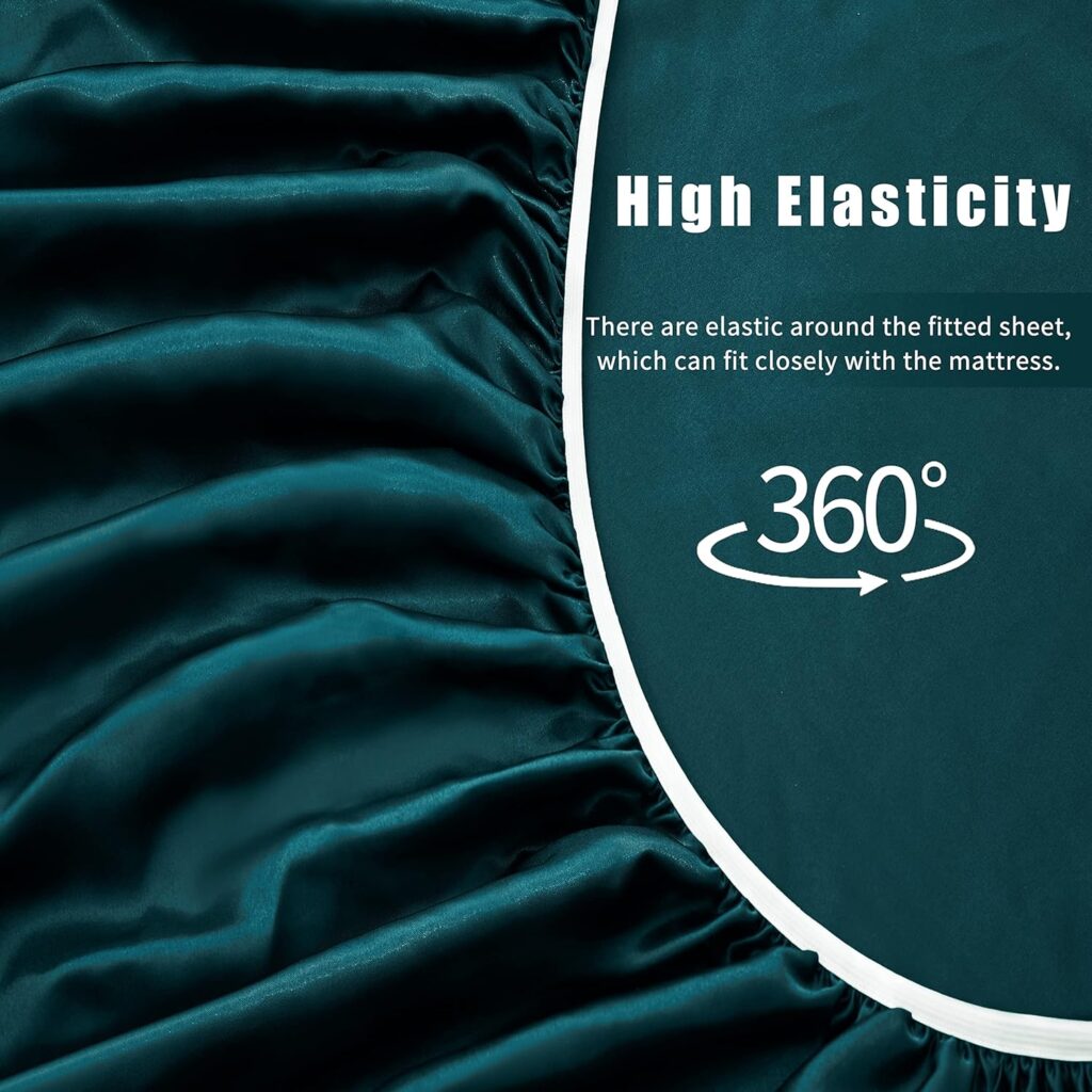 VACVELT 4pcs Dark Teal Satin Sheets Full Size Bed Set, 15 Inch Deep Pocket Silky Satin Sheet Set, Soft Satin Bedding Set Cooling  Luxury Bed Sheets, 1 Fitted Sheet + 1 Flat Sheet + 2 Pillowcases