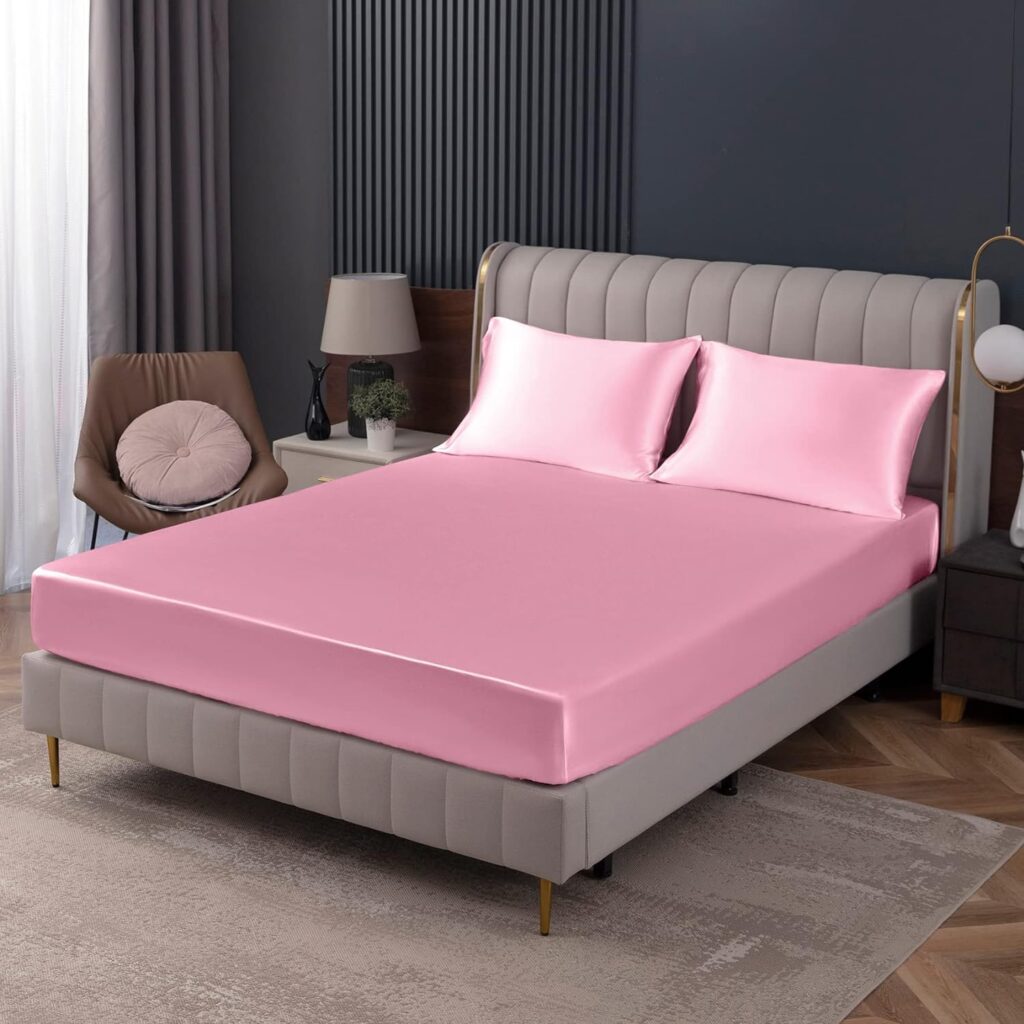 Homiest Pink Satin Fitted Sheet Full Size Fitted Bed Sheet, Deep Pocket Fitted Sheet Only, Luxury  Ultra Soft Bedding Fitted Sheet Single Bottom Bed Sheets Sold Separately