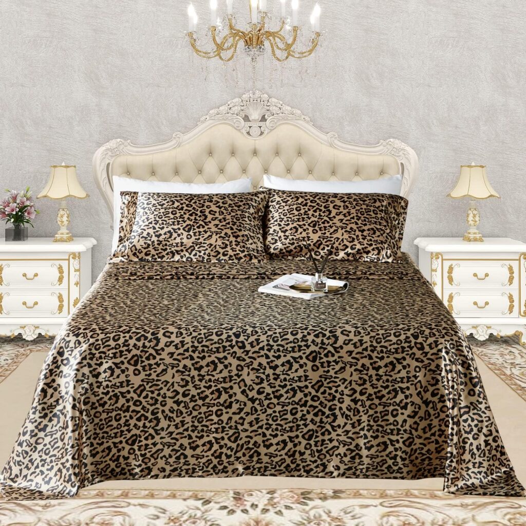 KACEMOO Satin Sheets Queen Size, Silk Sheets Soft Luxury Satin Bed Sheets, Cooling Silky Satin Sheet Set - 4 PCS Deep Pocket Silk Sheet Set, Breathable, Wrinkle-Free, Stain Resistant - Grey Leopard