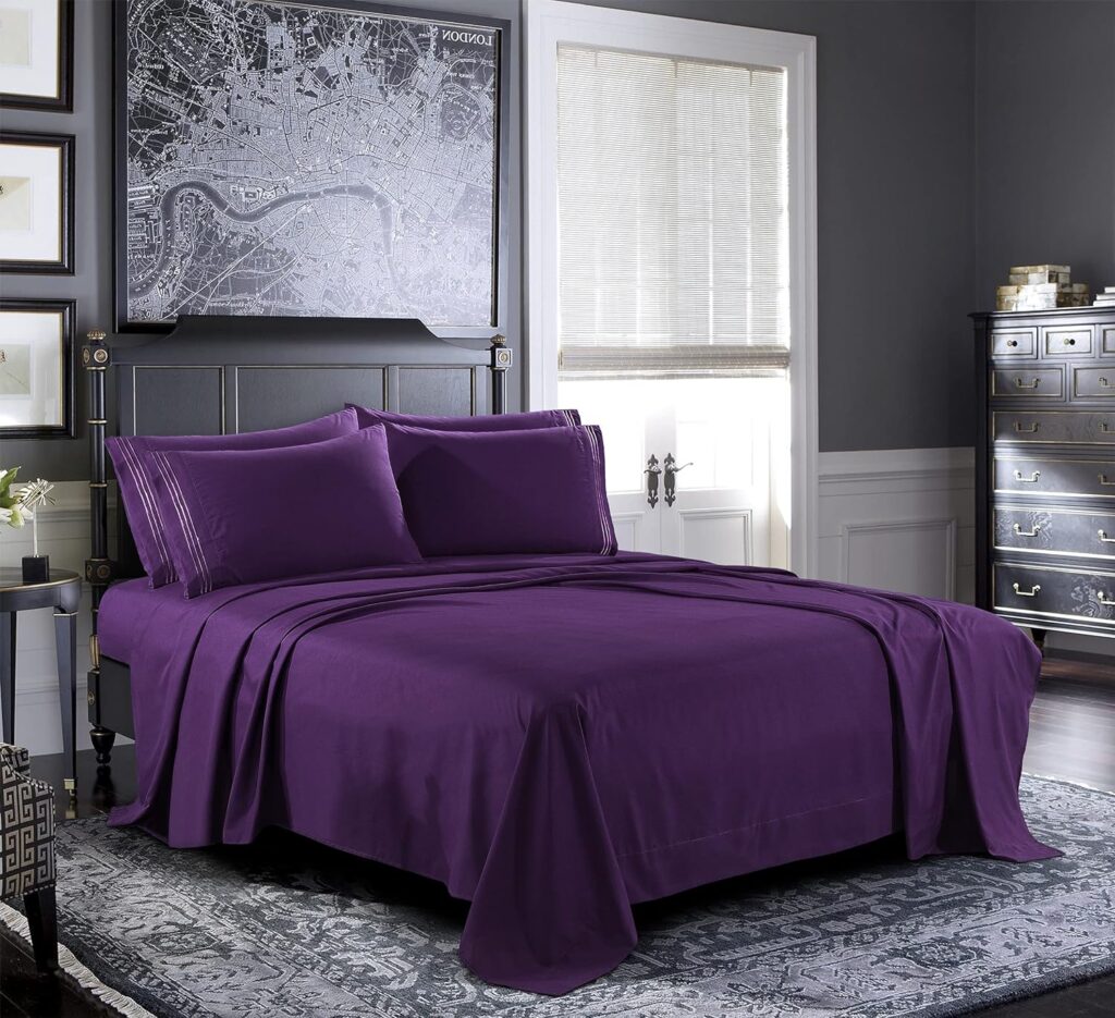 PURE BEDDING Bed Sheets - Queen Sheet Set [6-Piece, Purple] - Hotel Luxury 1800 Brushed Microfiber - Soft and Breathable - Deep Pocket Fitted Sheet, Flat Sheet, Pillow Cases