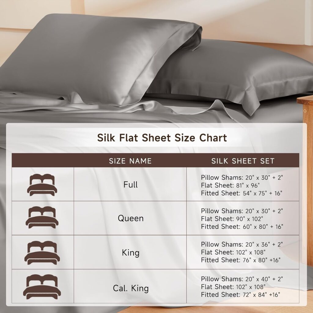 THXSILK Silk Sheet Set 4 Pcs, 6A+ Top Grade 100% Natural Mulberry Silk Bed Sheets, Luxury Bedding Sets -Ultra Soft Durable, 1 Fitted Sheet, 1 Flat Sheet and 2 Pillow Shams (Queen, Grey)