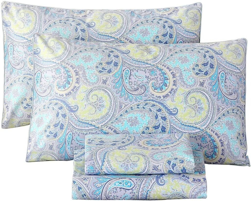 URBONUR Paisley Sheets Set Queen Size 4Pcs Bohemian Paisley Bedding Sheets Collection Luxury 100% Cotton Sheets Set Silky Smooth  Crisp Bed Linen Set (4pcs, Blue Paisley)