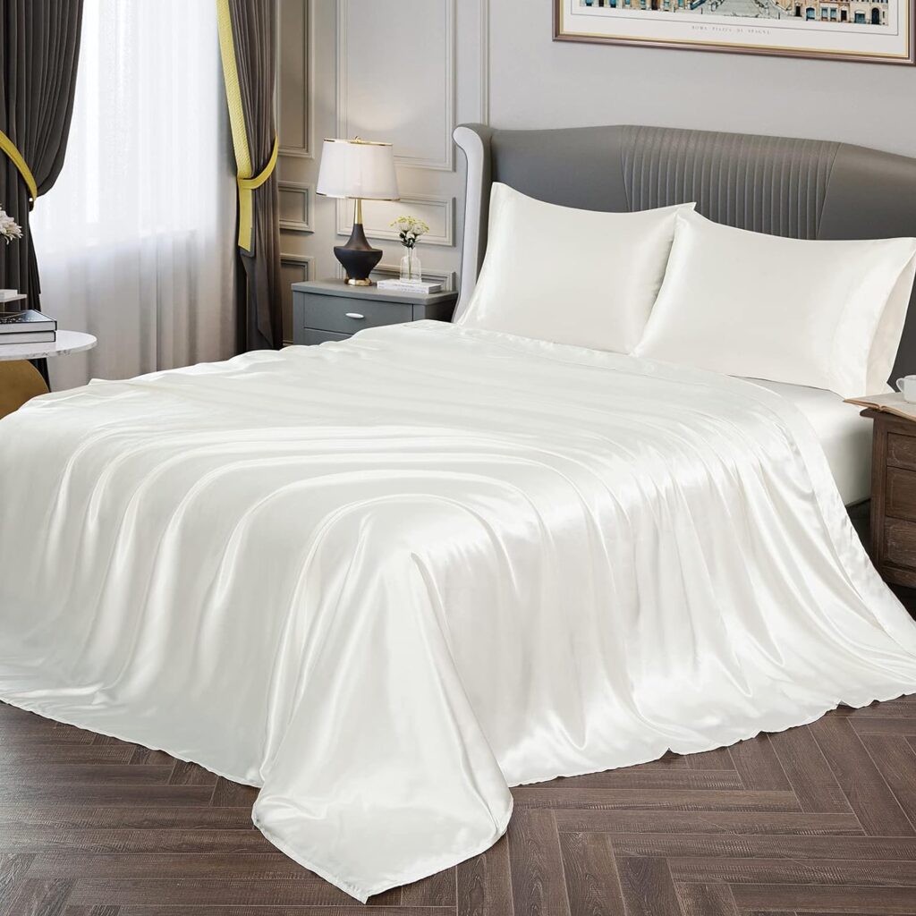 Vonty Satin Sheets Full Size Silky Soft Satin Bed Sheets Ivory White Satin Sheet Set, 1 Deep Pocket Fitted Sheet + 1 Flat Sheet + 2 Pillowcases