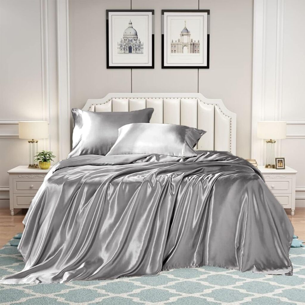 wavveUziz Satin Sheets Full Size Grey Satin Bed Sheet Set 16 Deep Pocket Silky Satin Sheet Set with 1 Fitted Sheet, 1 Flat Sheet and 2 Pillow Cases- Wrinkle, Fade, Stain Resistant- 4 Piece