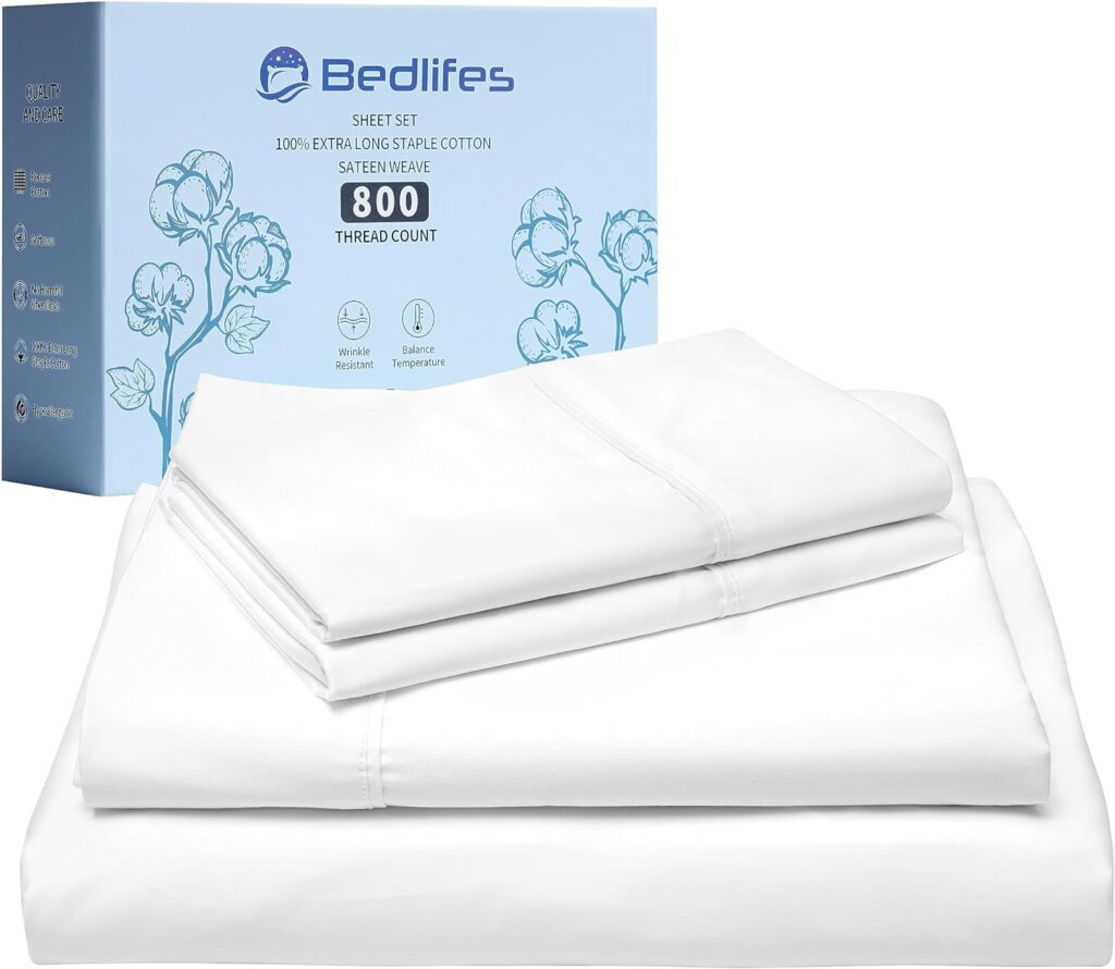 Bedlifes 800 Thread Count 100% Extra Long Staple Cotton Sheet Set King Size Egyptian Quality Soft Breathable Sateen Weave Luxury Hotel Sheets 16 Deep Pocket 4Piece (King,White)