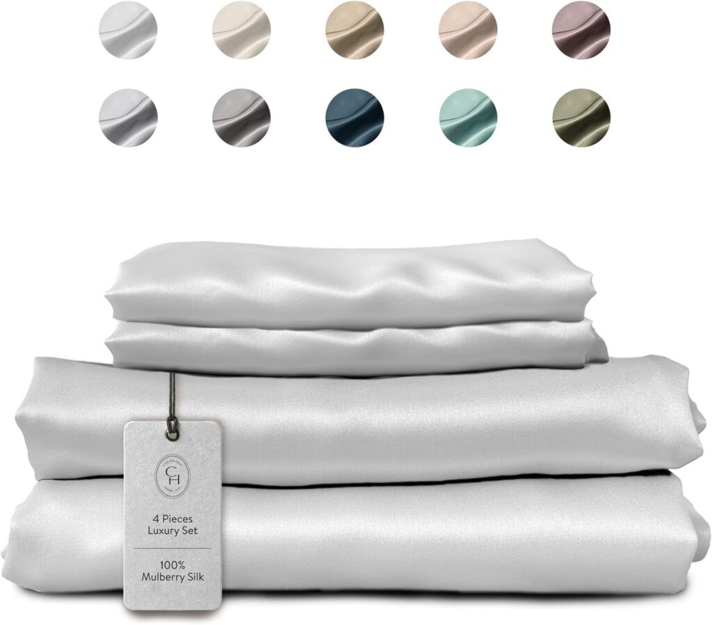 Colorado Home Co Mulberry Silk Bed Sheets Set - 100% Silk Sheets, Flat Sheet, Deep Pocket Full Fitted Sheet, Silk Pillowcase 2 Pack Envelope Closure Twin Set, Pure White, 4pcs Queen Size Bedding Sets