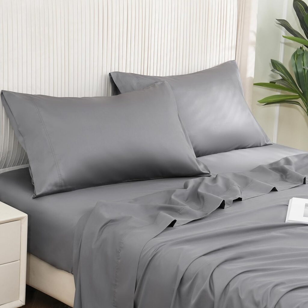 DOWNCOOL Queen Sheet Set - 100% Cotton Sheets Queen, 16 Deep Pocket Queen Sheets, 400 Thread Count Sateen, Silky Soft  Breathable, Hotel Luxury Queen Bed Sheets, 4-Piece Sheet Set, Grey Sheets