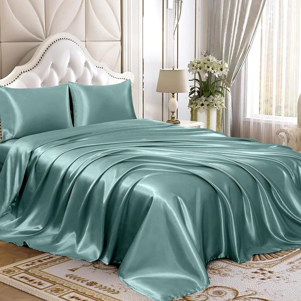 Homiest 4pcs Satin Sheets Set Luxury Silky Satin Bedding Set with Deep Pocket, 1 Fitted Sheet + 1 Flat Sheet + 2 Pillowcases (Full Size, Blackish Green)