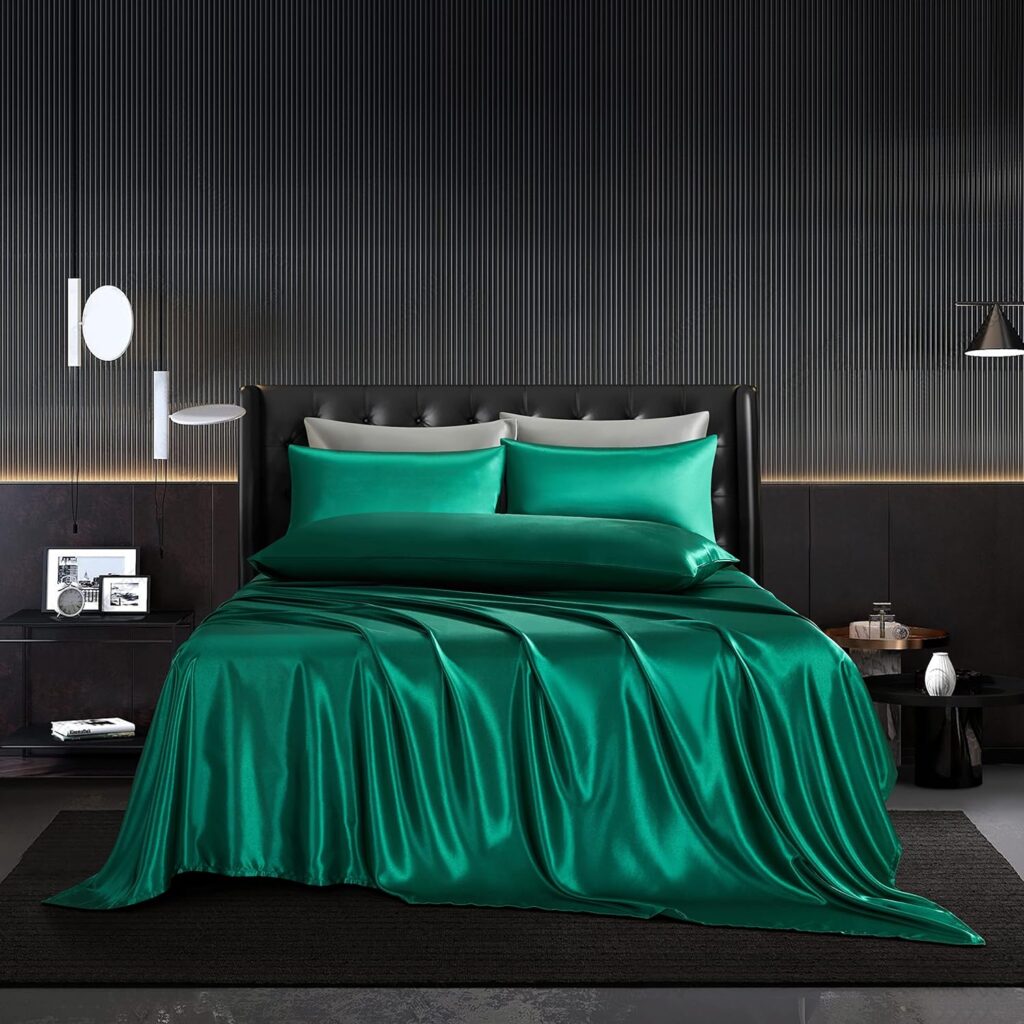 HommxJF 5Pcs Blackish Green Silk Satin Sheets Set Queen Comforter Bedding Sheets with 1 Satin Flat Sheet,1 Deep Pocket,1 Fitted Sheet,3 Pillowcases with Envelope Closure