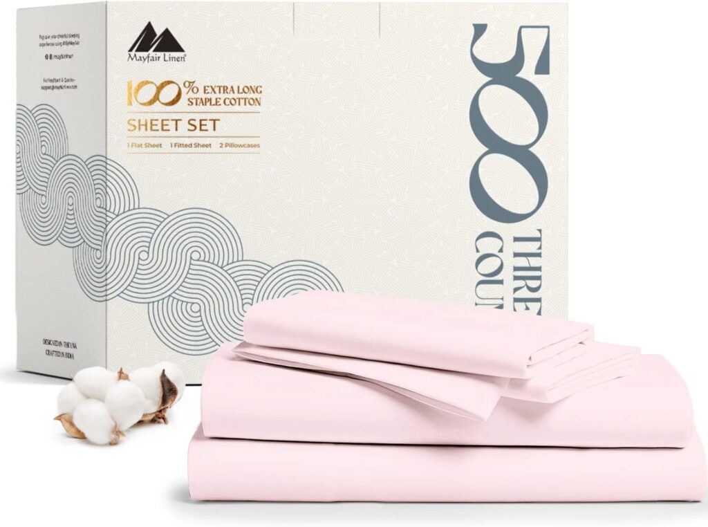 Mayfair Linen 500 Thread Count Cotton Sheet Blush Queen Sheets Set, 4-Piece Long-Staple Combed Pure Cotton Best Sheets for Bed, Breathable, Soft Silky Sateen Weave Fits Mattress Upto 16 Deep Pocket