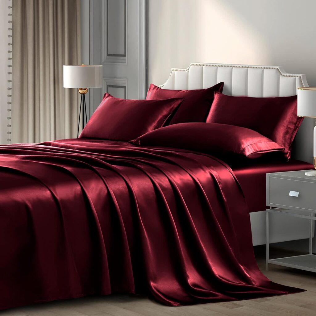 P Pothuiny 6-Piece Queen Satin Sheets Luxury Silky Burgundy Satin Bedding Sheet Set, 1 Deep Pocket Fitted Sheet + 1 Flat Sheet + 4 Pillow Cases