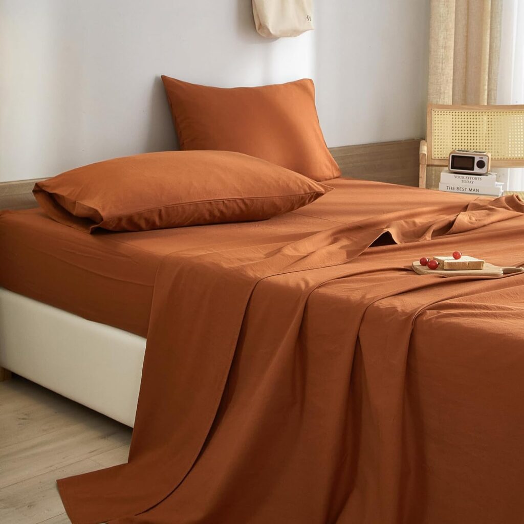 Pumpkin Caramel Sheets for Queen Size Bed, Rust Color 4 Pieces Bedding Sheets Deep Pocket up to 16 Inch, Soft Washed Microfiber Cooling Sheets, Easy Fit Solid Bedding Sheets  Pillowcases Set