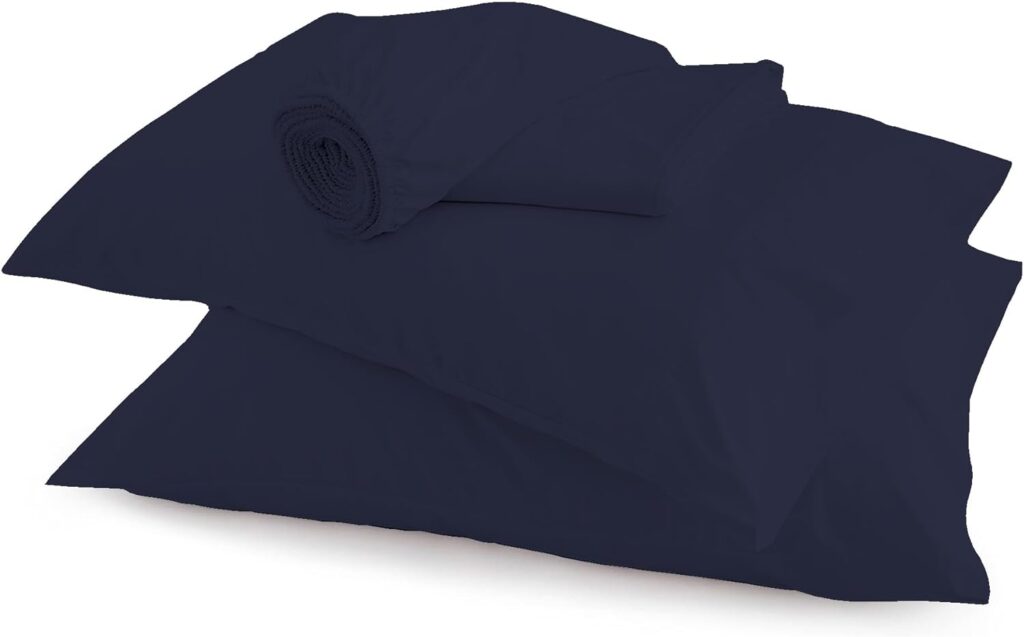 Purity Home Organic 100% Cotton Percale Sheet Set, Queen Navy with Elasticized Deep Pockets, Eco-Friendly  Breathable, 4 Piece Cooling Bed Sheet Set, Bedding Sheets for Queen Size Bed