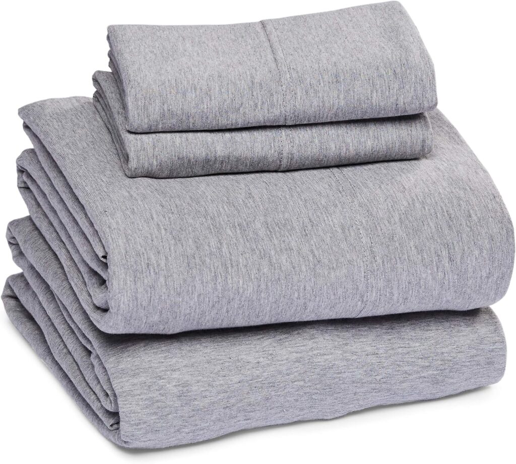 Amazon Basics Cotton Jersey 4-Piece Bed Sheet Set, King, Light Gray, Solid