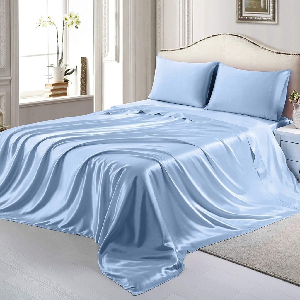 Bedify Bedding 100% Pure Silk Satin Sheet 4pcs,Silk Fitted Sheet 15 Deep Pocket Mattress fit,Silk Flat SheetSilk Pillowcases Cool Soft Silk Sheets|Wrinkle Free Fade Resistant Medium Blue, King