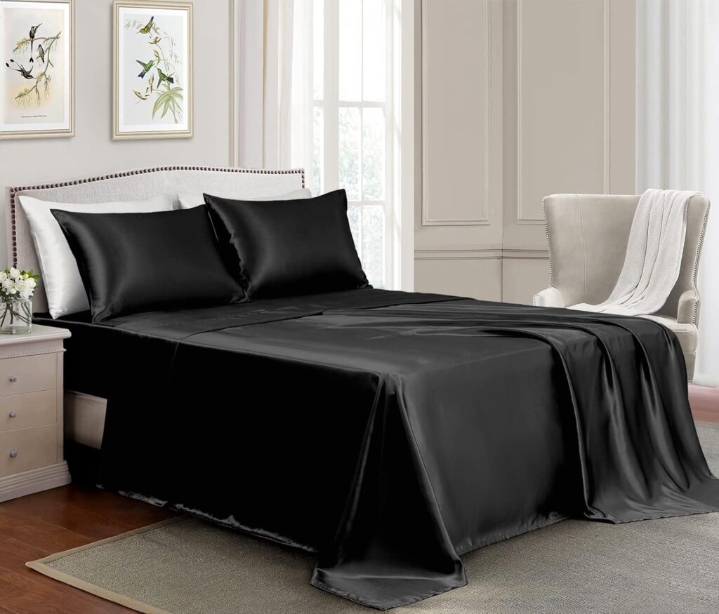 GOLAL Satin Sheets Queen Size - 4 Pieces Luxury Silky Soft Bed Sheets, Wrinkle-Free Black Satin Silk Sheet Set with 1 Deep Pocket Fitted Sheet, 1 Flat Sheet, 2 Pillow Cases