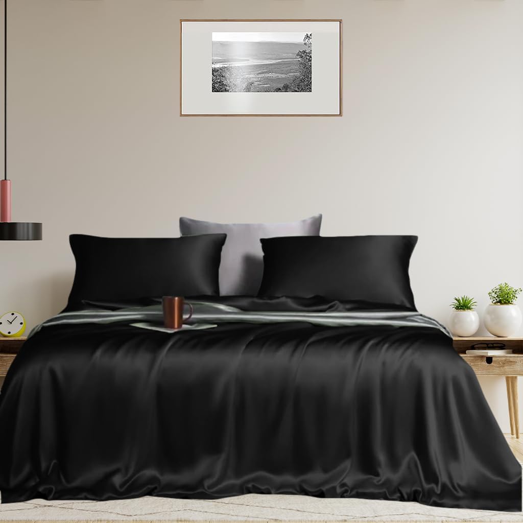 Linenwalas Black Silk Sheets Queen-100% Austrian Eucalyptus Tencel Lyocell 4Pc Sheets Set, Softest  Cooling-Deep Pocket Bottom Bed Sheet, Large Top Sheet  Pillowcases (Black Silk Sheets Queen)